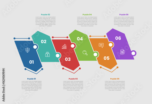 puzzle jigsaw shape base infographic diagram with skew rectangle box with triangle top upside down with 6 step for slide presentation