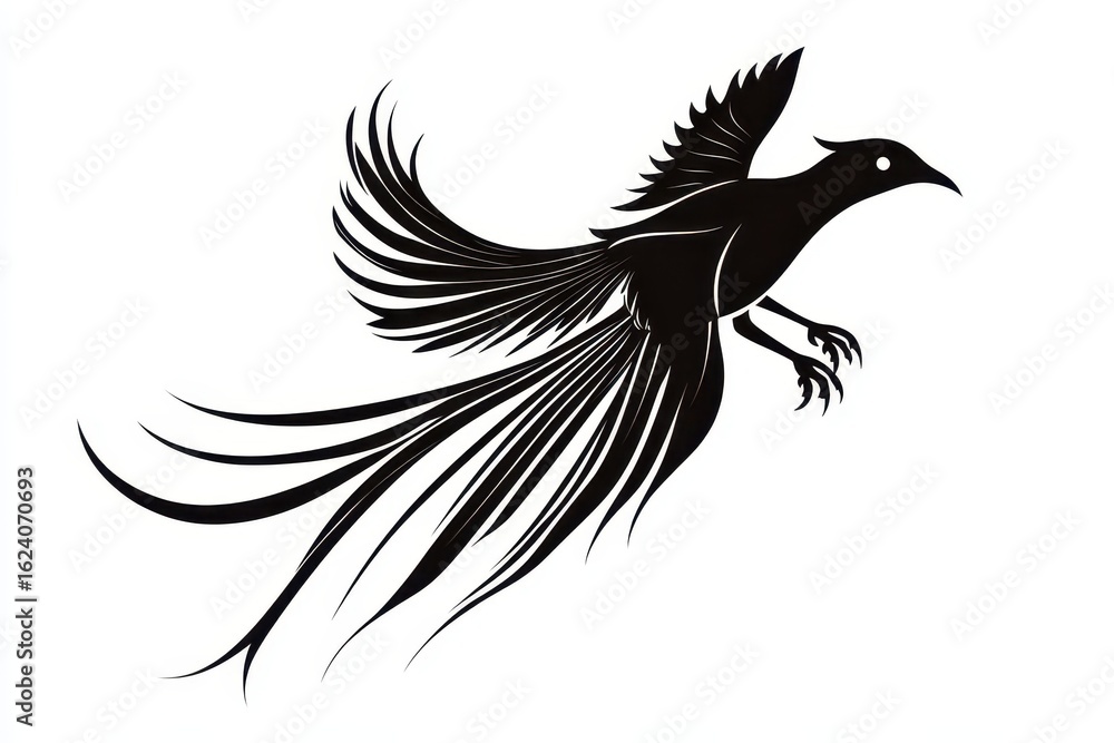Fototapeta premium Jumping bird of paradise icon vector illustration isoleted on white background in black silhouette complex photo.