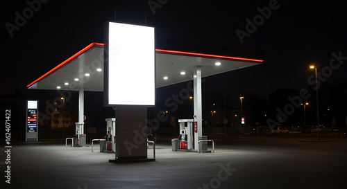 Blank Advertising Sign on Fuel Pump at Night Gas Station