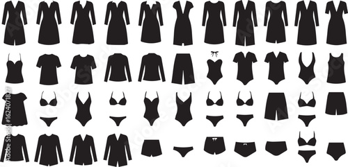 Clothing, fashion silhouette icon set. apparel, swimwear, lingerie silhouette collection.