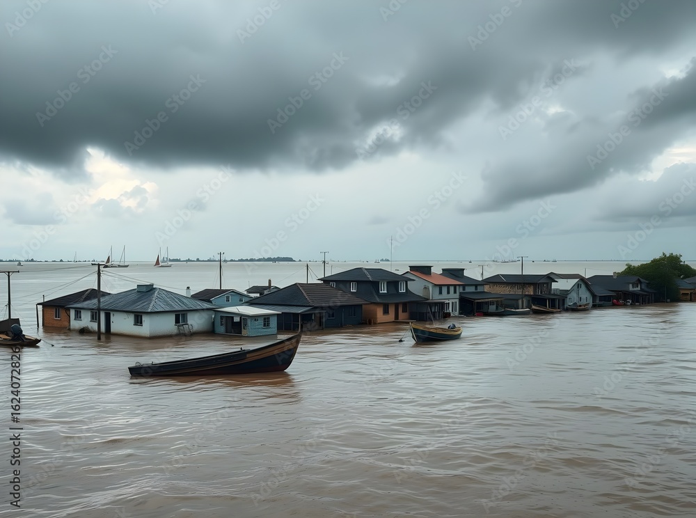 Fototapeta premium Coastal Town Submerged, Rising Sea Level Impact