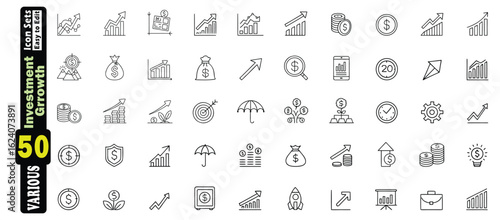 Collection of 50 black and white line art icons for investment and financial growth