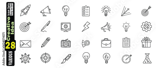 Collection of black outline icons representing business and ideas rocket megaphone