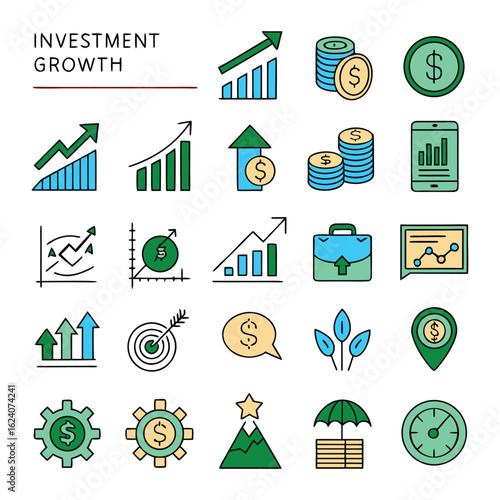 Collection of finance and investment growth icons with dollar signs and charts money