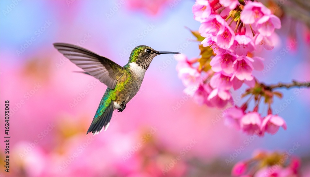 Fototapeta premium Iridescent hummingbird hovering near vibrant pink cherry blossoms; blurred blue-pink background highlights delicate interaction—nature’s elegance in motion, vivid and graceful.