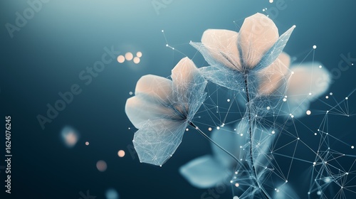 Abstract digital flower formed by glowing mesh and network nodes in soft blue light