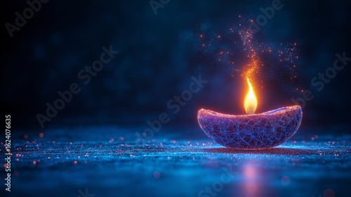 Illuminated diya with flame and mesh structure symbolizing Diwali celebration