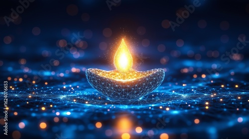 Sparkling Diwali diya made of glowing digital lines and flickering flame in dark