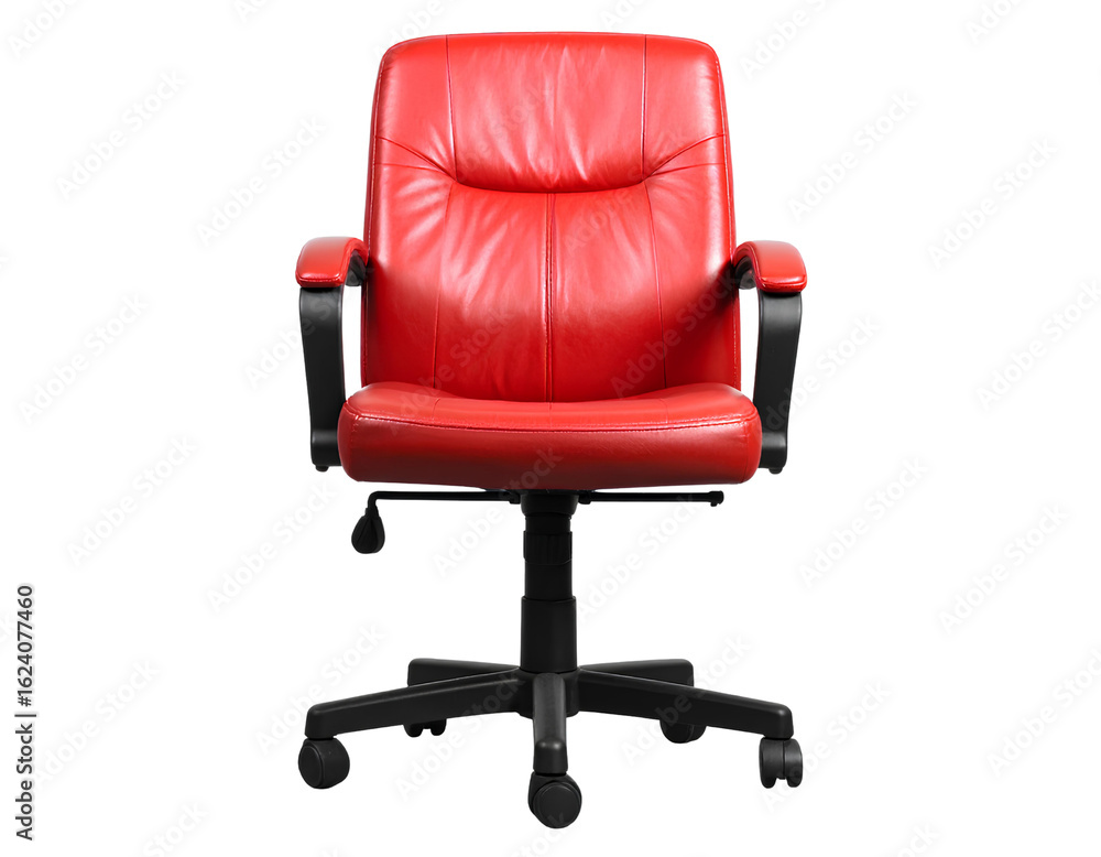 Naklejka premium Stylish red leather office chair with armrests, isolated on transparent background