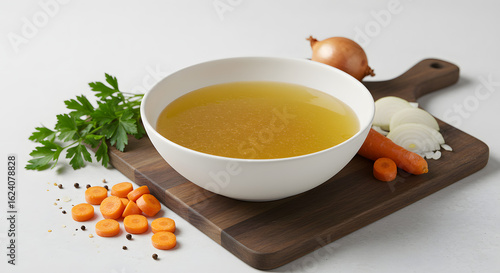 Nourishing bowl of homemade vegetable or chicken broth with fresh ingredients like carrots, onions, and parsley on a wooden cutting board.
