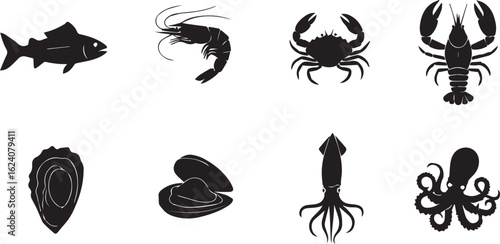 Seafood silhouette icon set. fish, seafood varieties collection in silhouette style.