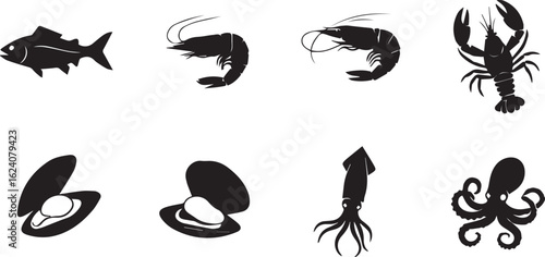 Seafood silhouette icon set. fish, seafood varieties collection in silhouette style.