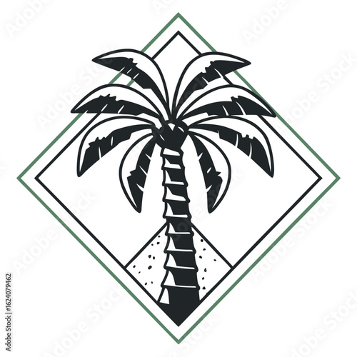 Black palm tree icon with fan shaped leaves and sandy ground within a diamond frame graphic