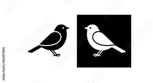 Simple bird icon set with black and white silhouettes. Minimalist vector illustration of a small songbird for graphic design.