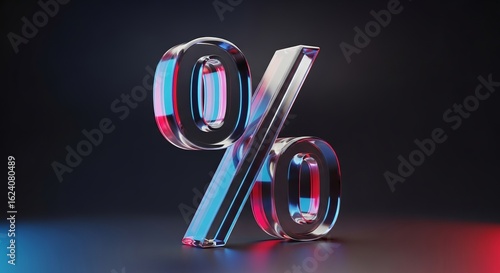 Shiny glass percent sign illuminated with vibrant red and blue neon lights on a dark background