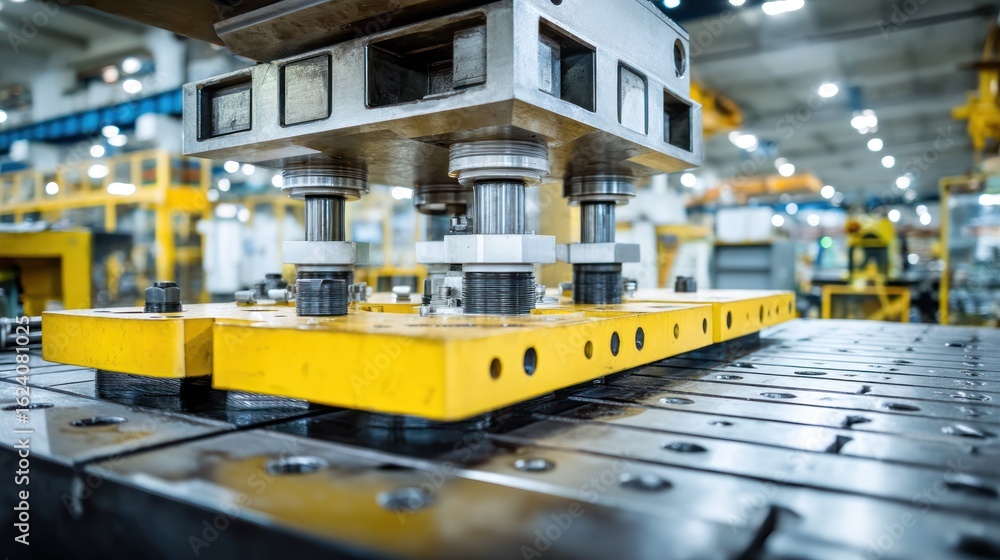 Fototapeta premium A large metal machine in a factory setting, with yellow components and a blurred industrial background.