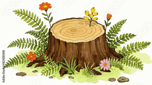 Fern & Bloom Rise A tree stump with flowers and ferns isolated watercolor vector illustration svg