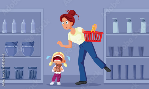 Girl Crying In Supermarket at Shopping Vector Cartoon Illustration. Mother embarrassed by her kid bad behavior in a store 
