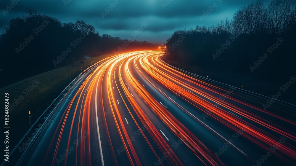 Fototapeta premium Long exposure highway lights at night with motion trails and moody sky