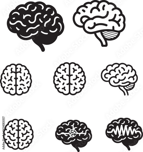 Collection of stylized brain icons and medical imaging scans in a clean silhouette style