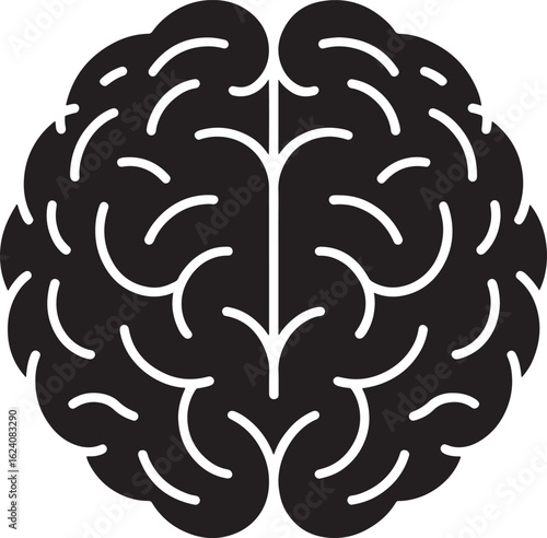 Stylized white outline of a human brain on a black background representing thought and intelligence silhouette