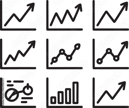 Collection of nine simple black line graph icons and charts in a grid silhouette