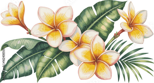 Tropical plumeria flower and leaf clipart set, botanical watercolor illustrations with yellow frangipani blooms and lush greenery.