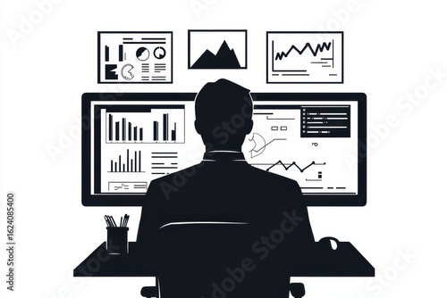 Man analyzing graphs on monitor icon vector illustration isoleted on white background in black silhouette complex photo .