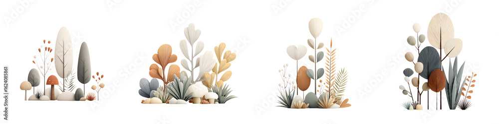 Obraz premium Neutral Toned Woodland Plant & Tree Graphic Elements Collection