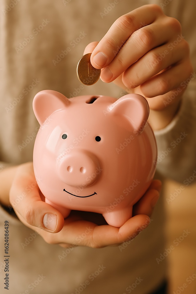 Person carefully adds a coin to a smiling pink piggy bank, symbolizing saving for the future. Person carefully adds a coin to a smiling pink piggy bank, symbolizing saving for the future.