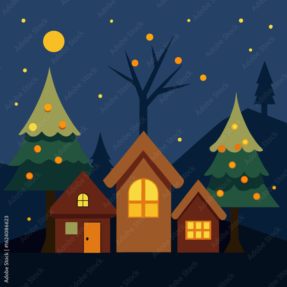 Fototapeta premium Cozy winter village scene with festive trees under a full moon