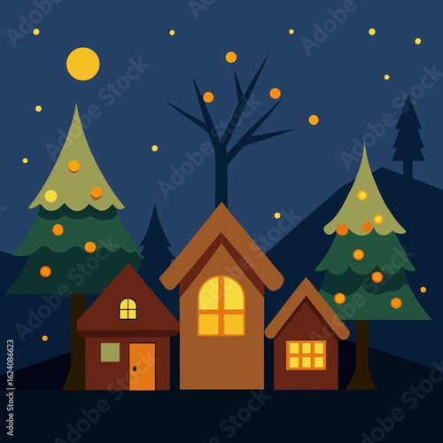 Cozy winter village scene with festive trees under a full moon