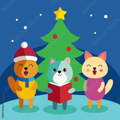 Cute animals singing christmas carols by the tree