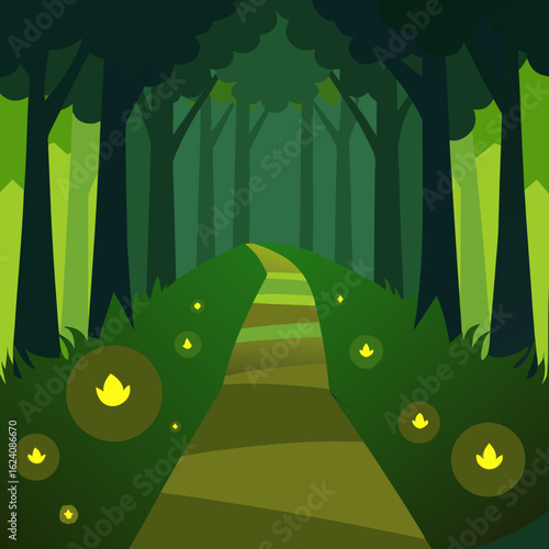 Enchanting forest path with fireflies at dusk