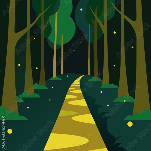 Enchanting forest path illuminated by fireflies at night