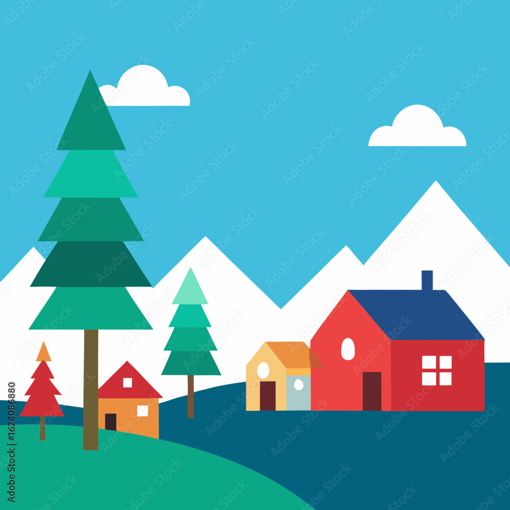 Fototapeta premium Stylized mountain village with colorful houses and trees
