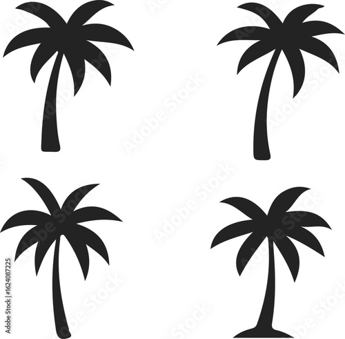 Four black silhouette palm trees on a white background