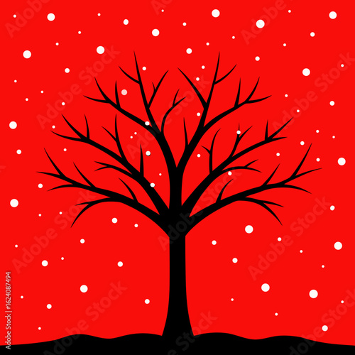 Black silhouette tree with falling snow on red background