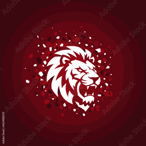 This image depicts a bold graphic of a lion's face, with shards breaking away from it. It symbolizes strength, power, and the ferocity of a lion in a minimalist style.