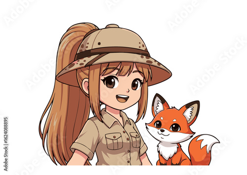 Anime Girl Explorer with a Cute Orange Fox Companion.