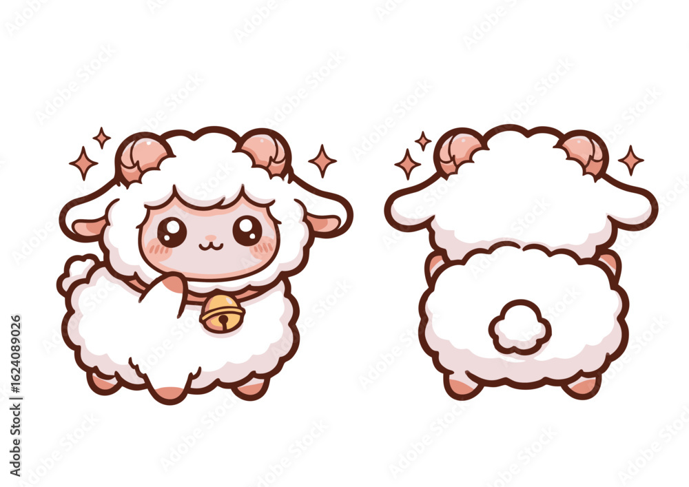 Fototapeta premium Cute Cartoon Sheep with Bell and Sparkling Horns.