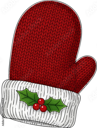 Knit Mitten with Holly Cuff Appliqué