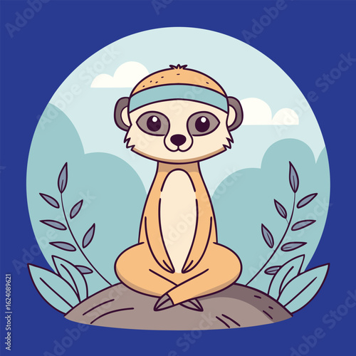 Cute Cartoon Meerkat Meditating in Lotus Position on Rock Illustration Vector