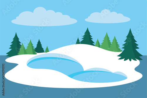 fluffy snow drifts over a frozen pond surrounded b (1).eps