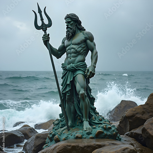 Statue of Poseidon emerging from coastal rocks during a storm