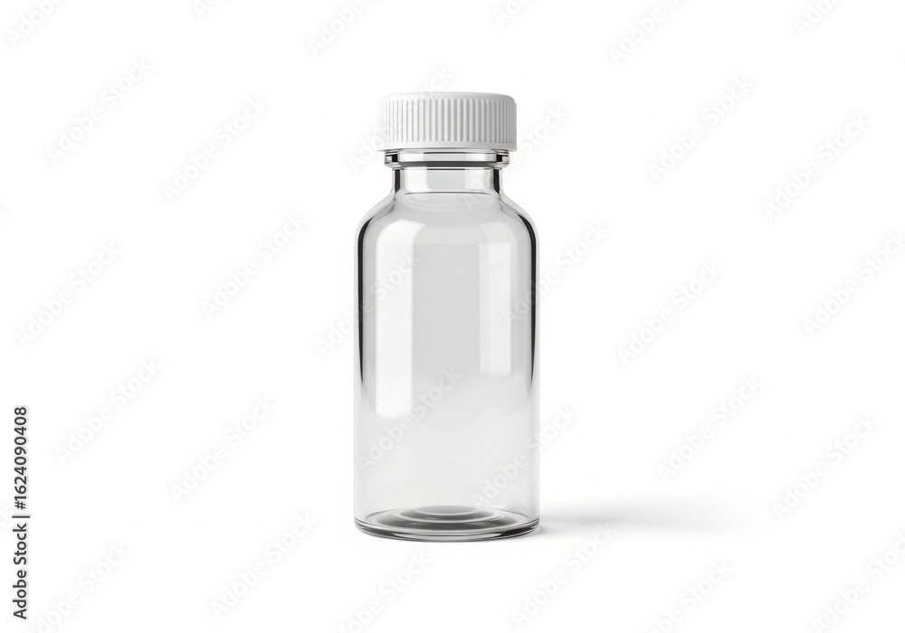 Clear glass vial with white cap isolated on white background