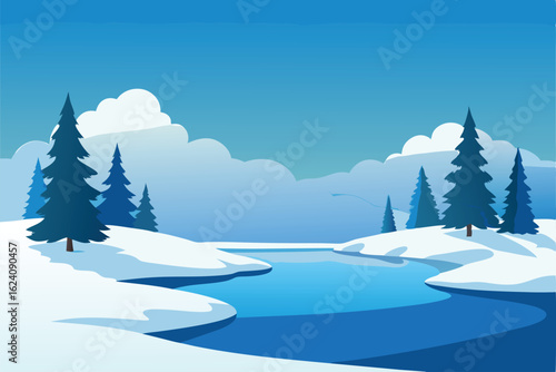 fluffy snow drifts over a frozen pond surrounded b.eps