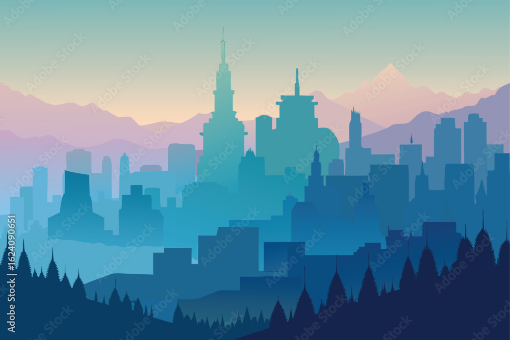 Obraz premium foggy layered skyline with gradient shading .eps