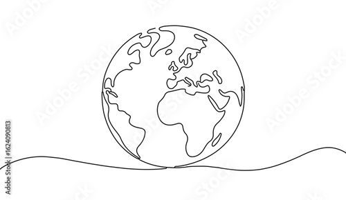 Minimalist Continuous line art Earth Black and White Globe Illustration Featuring Europe, Africa, and Asia
