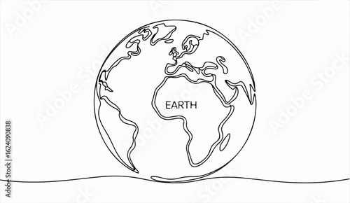 Minimalist Continuous line art Earth Black and White Globe Illustration Featuring Europe, Africa, and Asia
